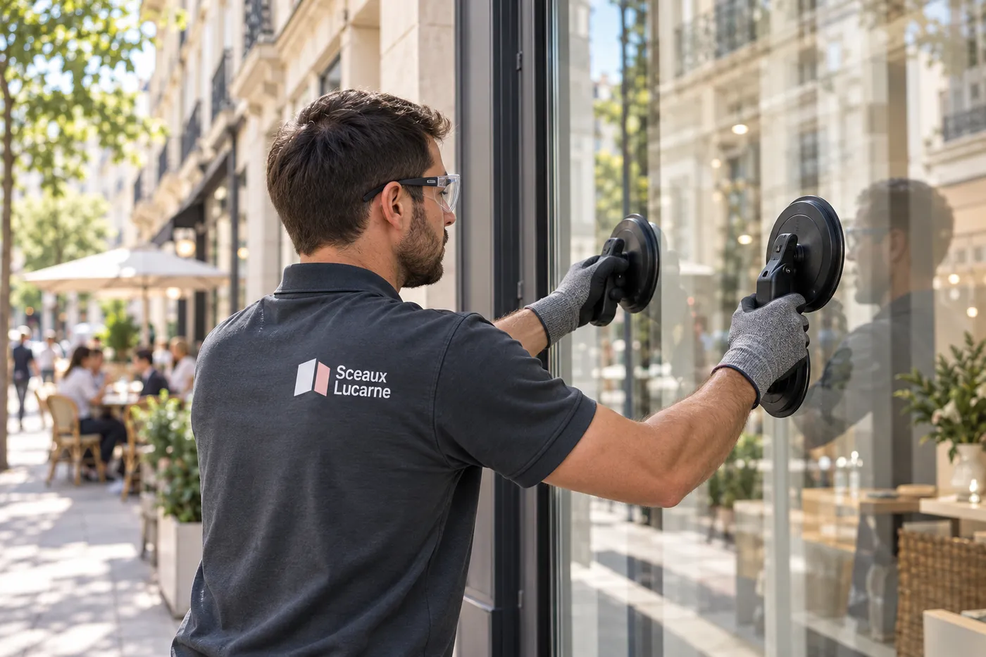 Vitrier posant un panneau de vitrine de commerce aux ventouses à Sceaux
